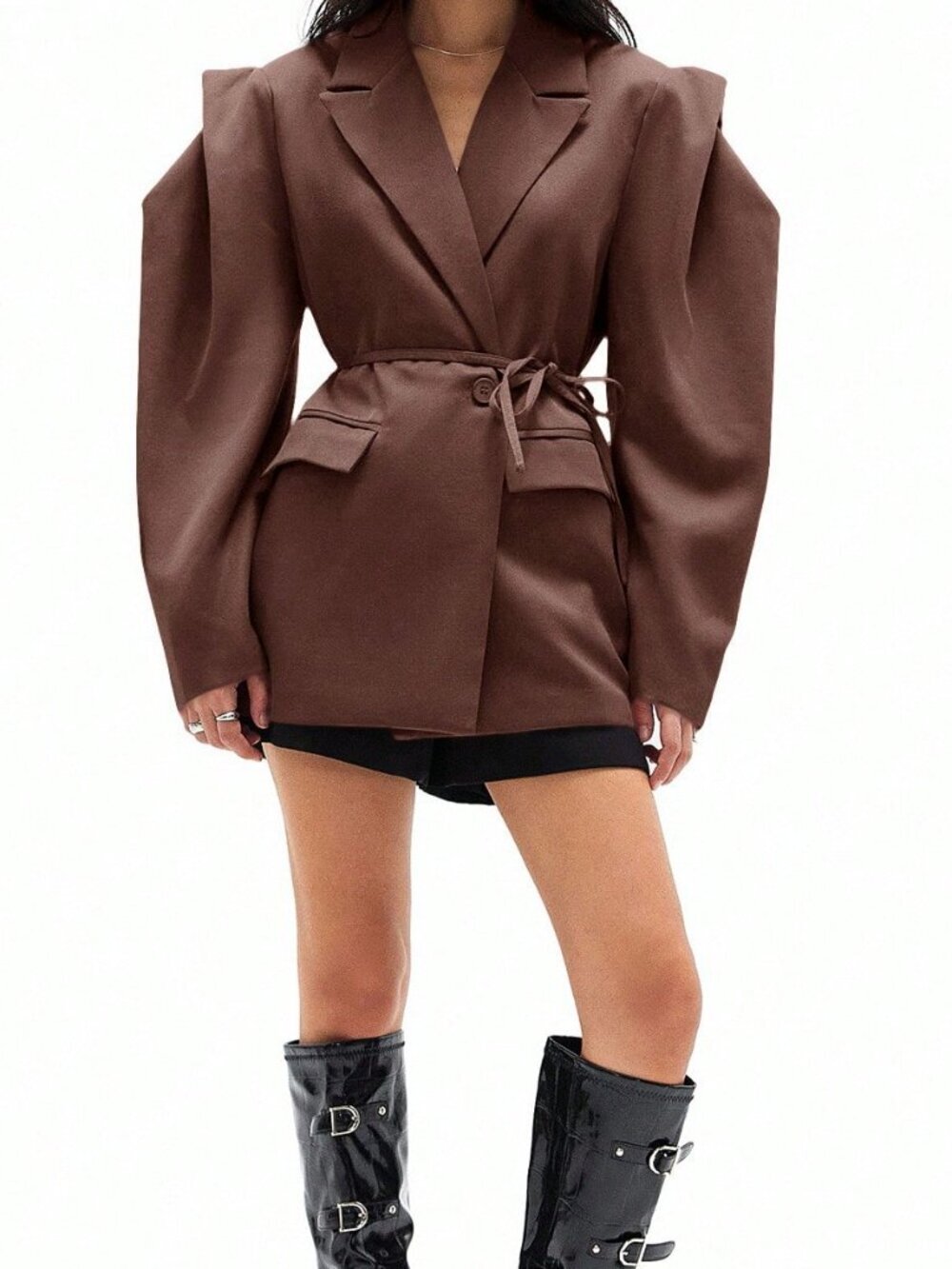 Rusty Rose Elegant Women's Loose Fit Wide Shoulder Drawstring Blazer - Picture 6 of 7